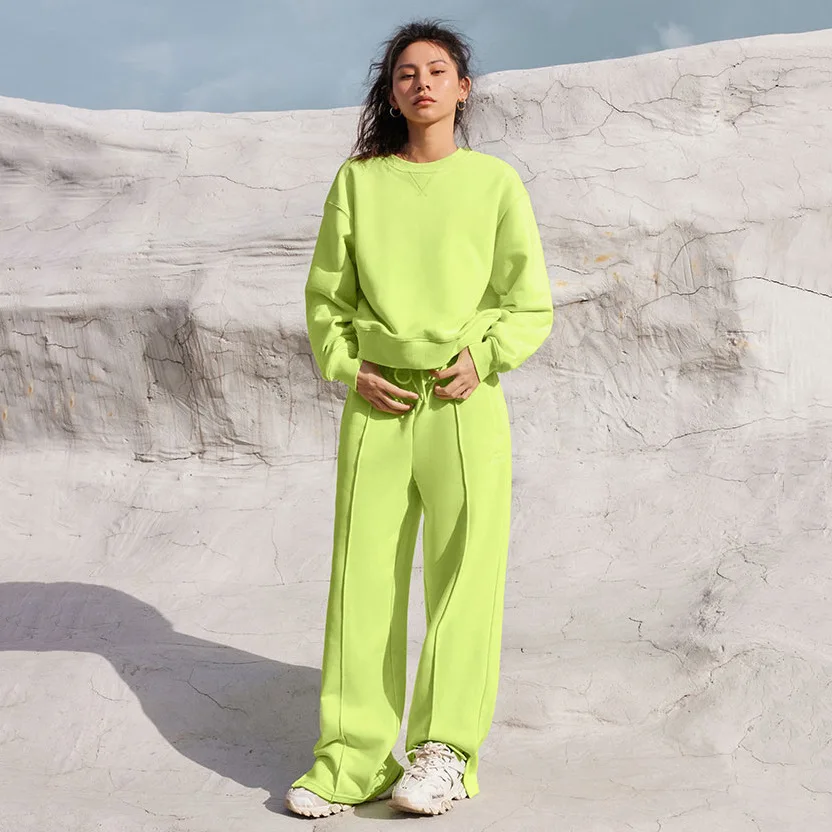 

Autumn Sports Suit Fashion New Solid Color O-neck Long Sleeve Pullover Sweatshirt High Waist Lace Up Trousers 2 Piece Set Women