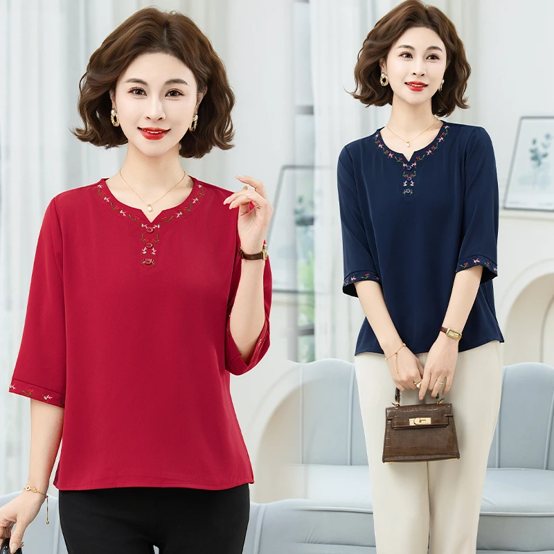 

Ele Embroidered Loose T-irt for Middle-Aged And ly Women Faionable Long Sve Top Comfortable Polyester Fiber