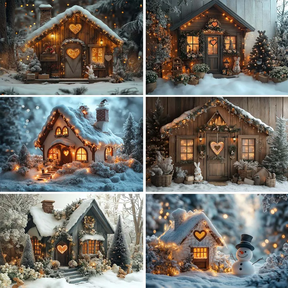 

Mocsicka Winter Snow Wooden House Background Snowy Forest Pine Tree Snowfield Outdoor Photography Backdrop Studio Shooting Props