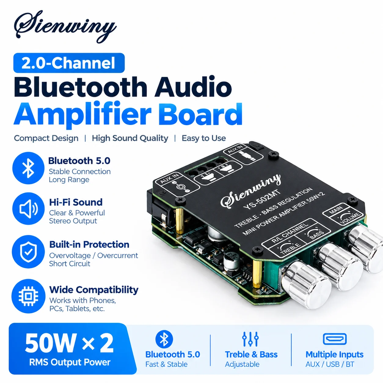 SIENWINY-906 YS-502MT Bluetooth Amplifier Board 2.0CH 50W+50W HiFi Stereo Power Amp AUX Bass Treble