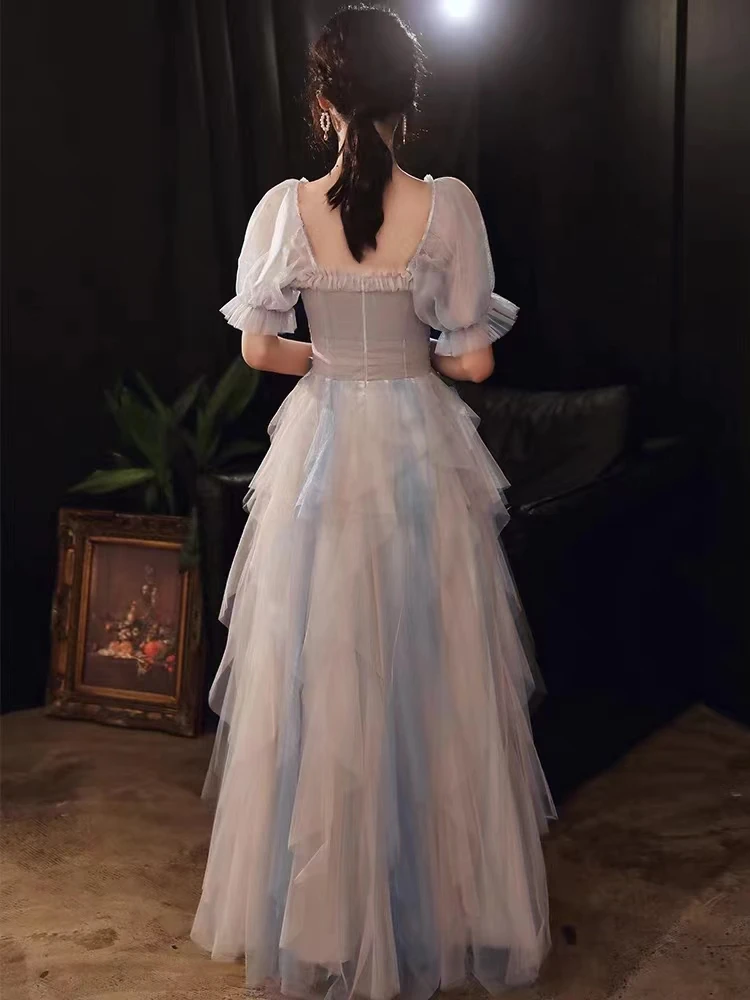 فستان سهرة أنيق عتيق بأكمام قصيرة وياقة مربعة مثير بطيات على شكل حرف a من التل أنثى بدون ظهر فستان أداء طويل للولائم