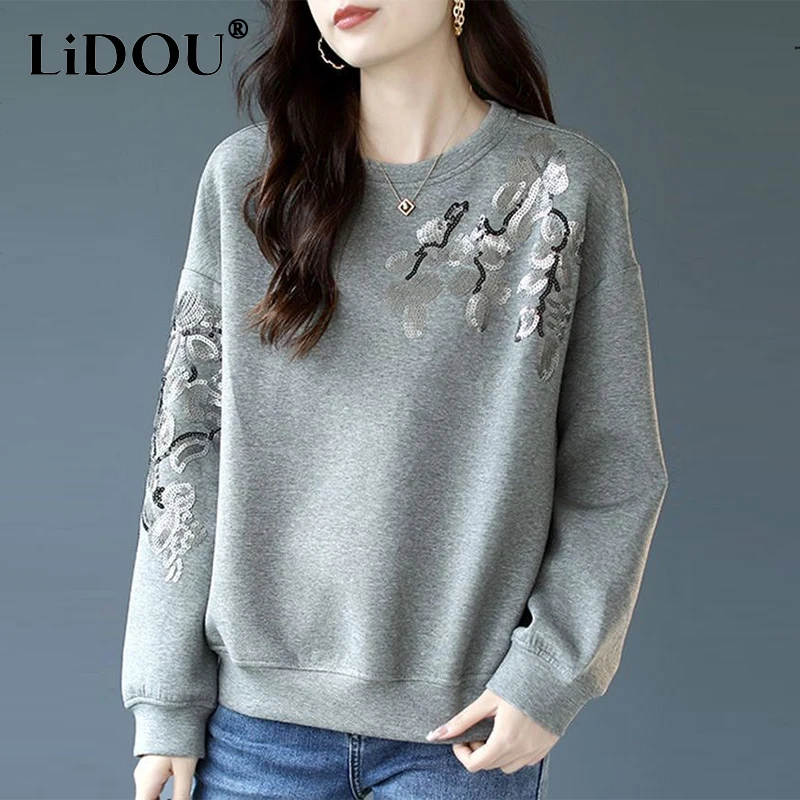 

Autumn Winter New Streetwear Sequins Pure Cotton Sweatshirt Ladies Loose Casual All-match Pullover Top Women Comfortable Outwear