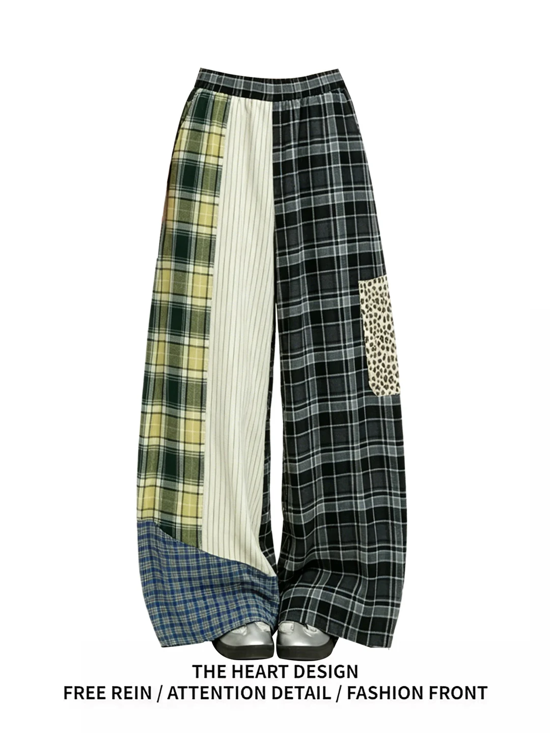 

American Design Plaid Patchwork Loose Wide Leg Casual Pants Women's Summer 2026 New Lazy Style Elastic Waist Polyester Fiber