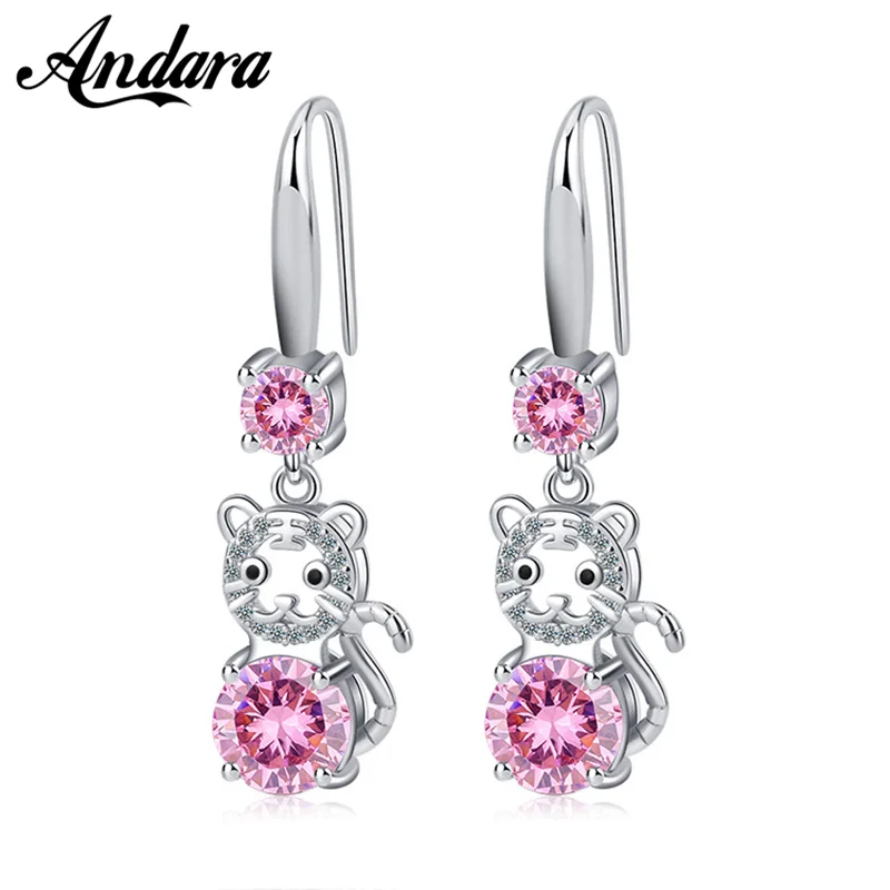 

925 Silver Earrings Small Fresh And Sweet Pink Zircon Tiger Earrings Are Cute Gifts For Girls