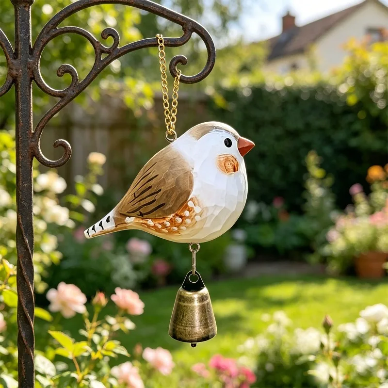 Creative Hand-carved Bird Wooden Wind Chime Pendant Outdoor Courtyard Balcony Window Bird Bell Pendant Crafts Garden Decoration