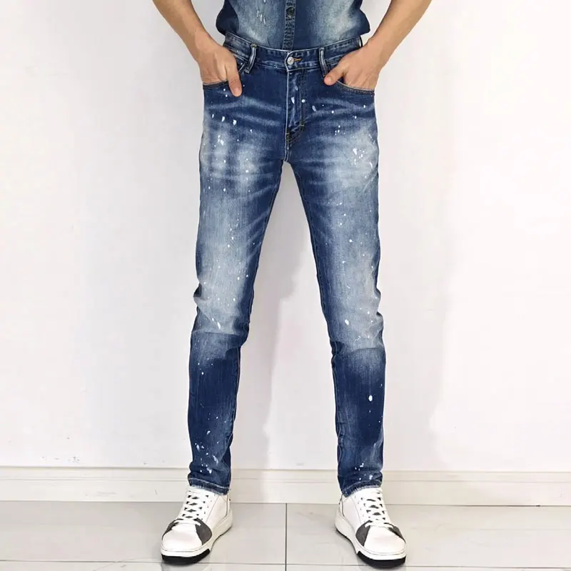 

Street Fashion Men Jeans High Quality Retro Blue Stretch Slim Fit Painted Ripped Jeans Men Brand Designer Vintage Denim Pants