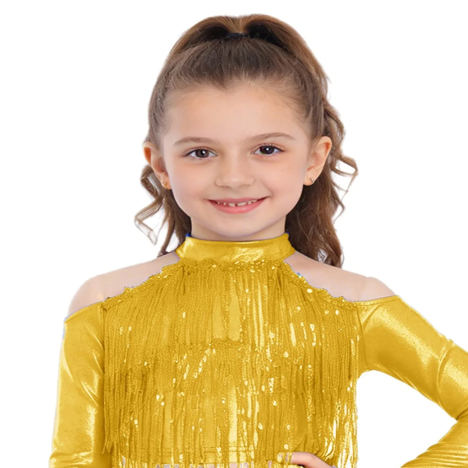 Kids Fringed T-Shirt for Girl Children Tassls Shiny T-Shirts Metallic Top Hiphop Jazz Dance Disco Costume Performance Dancewear