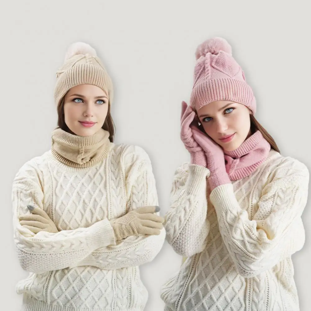 Elastic Hat Scarf Gloves 3pcs Women Winter Accessories Set Thickened Plush Lining Hat Twist Texture Scarf Warm for Weather