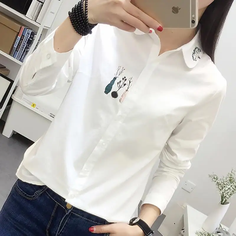 Fashion Printing Vase Cotton Single-breasted Blouse Women Classic Long Sleeve Polo Collar Casual Korean Lady Chiffon Shirt