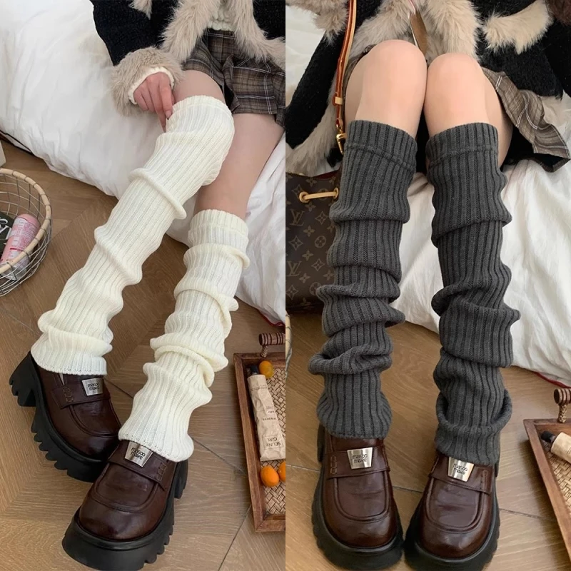 

Black Gray White Knitted Leg Warmers JK Lolita Knee High Socks Women Sexy Crochet Boot Cuffs Autumn Winter Warm Foot Cover