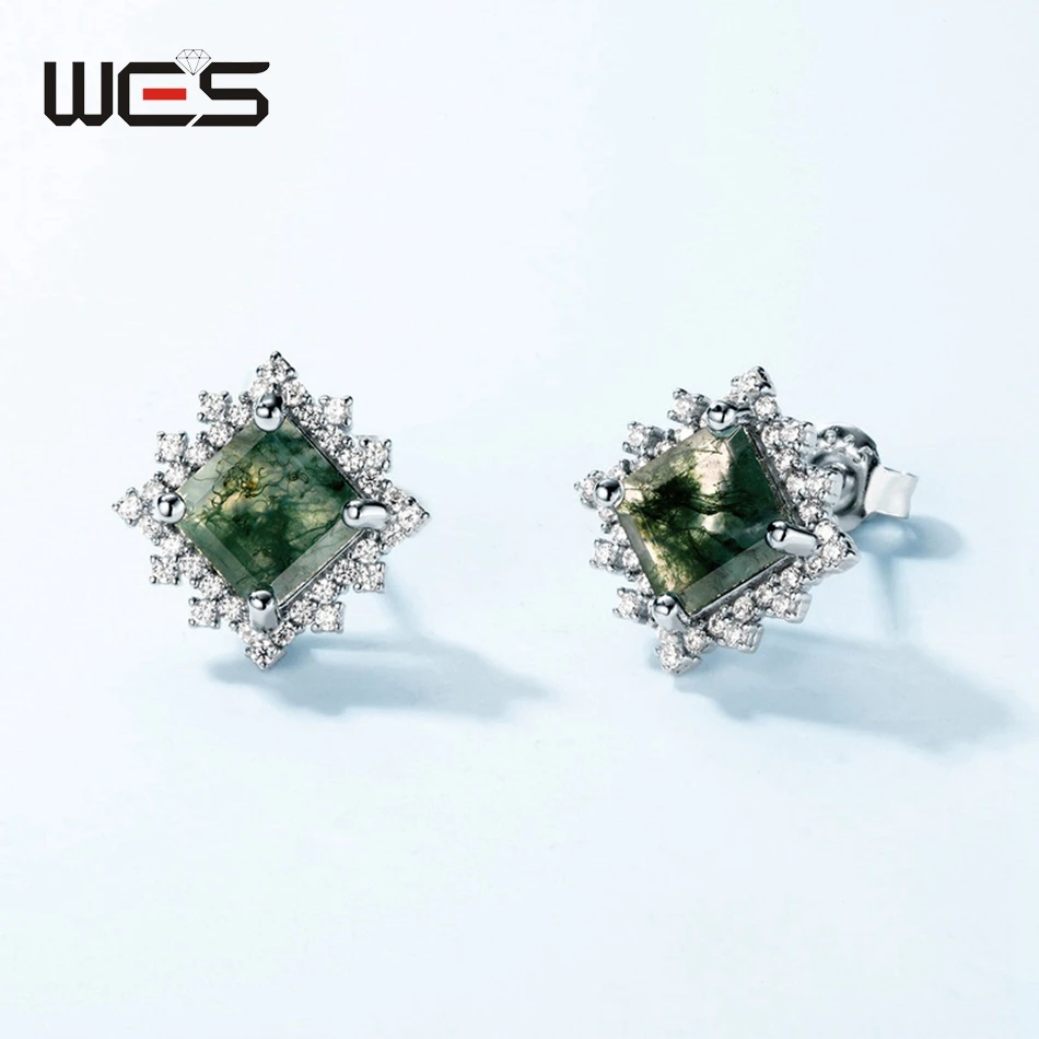 

WES 925 Sterling Silver Natural Moss Agate Stud Earrings for Woman 7*7mm Gemstone Party Wedding Gifts Certified Fine Jewelry