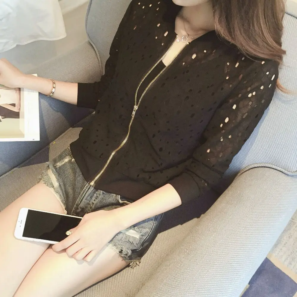 Women Lace Thin Cardigan Sun Protection Jacket Casual Baseball Uniform Long Sleeve Zipper Loose Fit Summer Outerwear Top