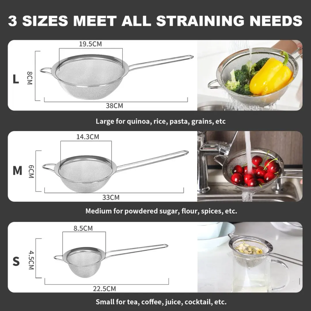 

3-piece stainless steel flour sieve, ultra-fine oil strainer, dumpling spoon, and hot pot colander set