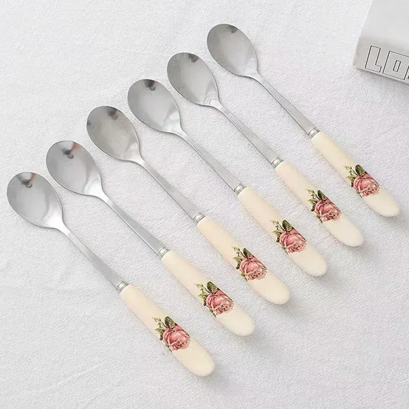 Stainless Steel Ceramic Handle Coffee Spoon Creative Flower Pattern Tea Spoon Honey Dessert Ice Cream Spoon Small Teaspoon