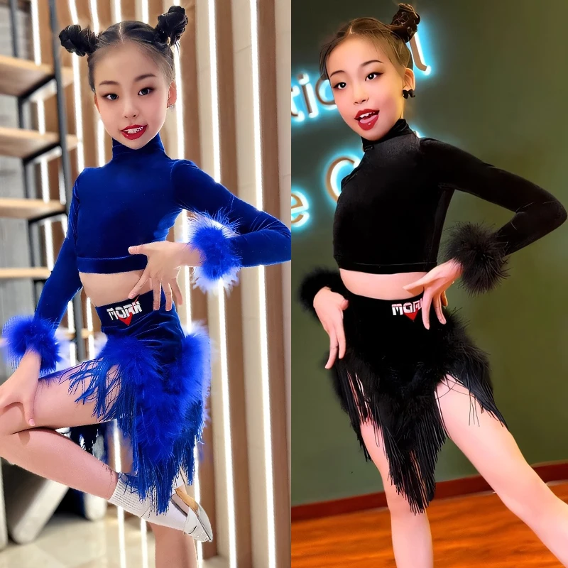 

Зимний синий, черный бархатный костюм для латинских танцев, одежда для латинских танцев для девочек, детские костюмы для бальных танцев румба-чача SL11420