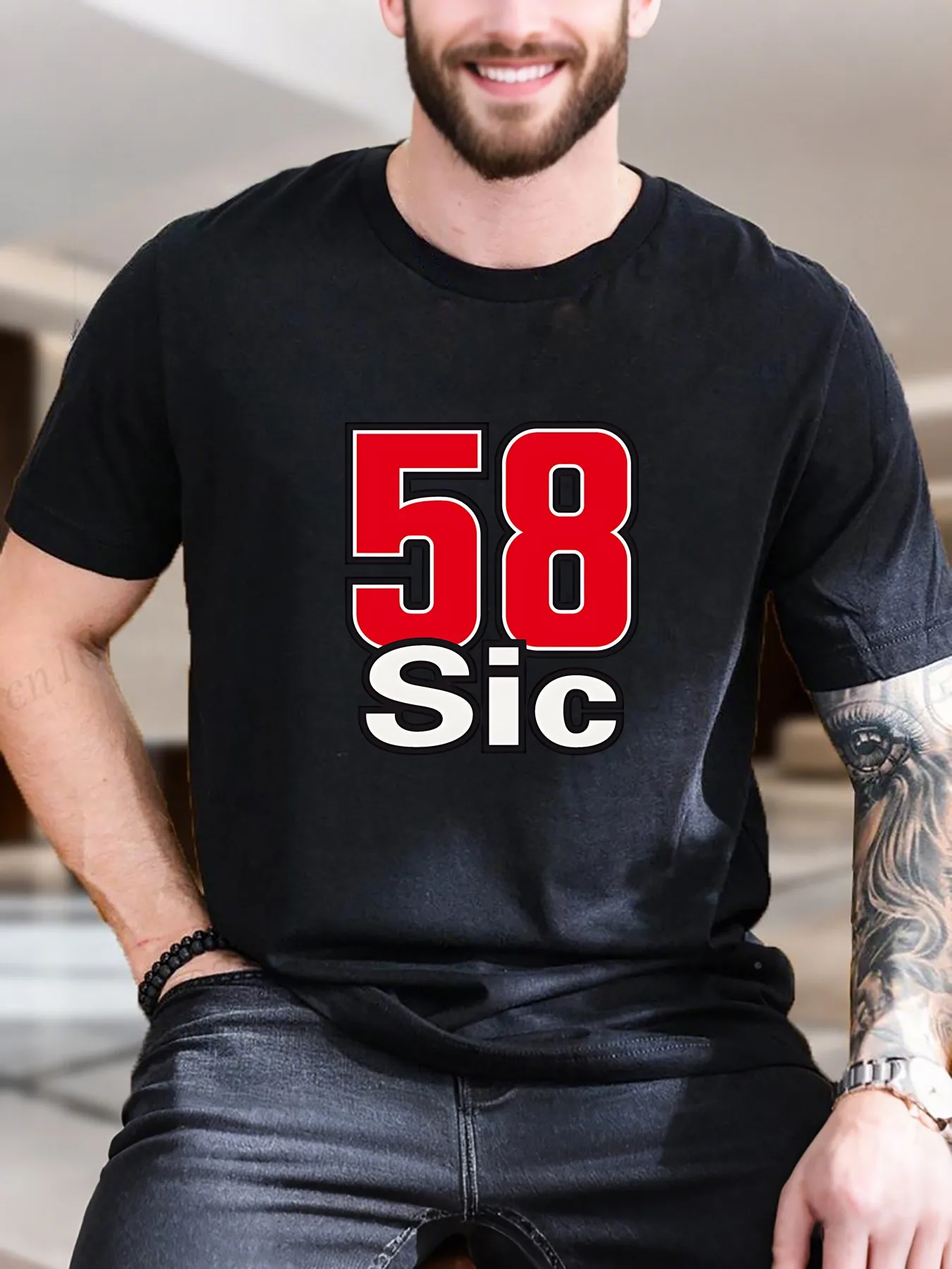 

New Arrival Fashion Men's 58 Graphic Print Cotton T-Shirt Trendy Number Design Breathable Soft Casual Comfort Fit Essential Summer