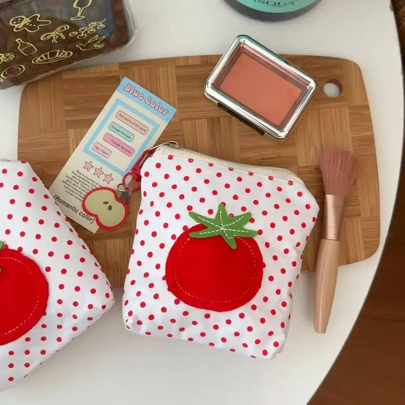 محفظة نقود معدنية على شكل طماطم، محفظة نقود صغيرة بنقطة حمراء، لطيفة على الطراز الكوري، سماعات أحمر الشفاه، حقائب تخزين المحافظ