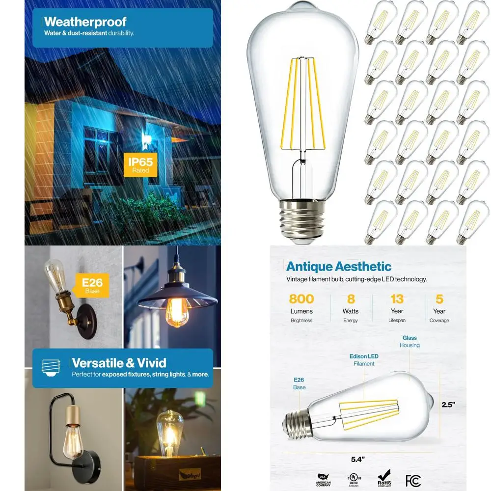 

Набор из 24 светодиодных винтажных ламп с имитацией нити накала, водонепроницаемые, 800 люмен, 8 Вт, 2700K, мягкий белый свет, с регулировкой яркости, цоколь типа E27