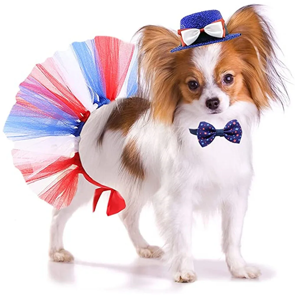 

OIMG Distinctive Mesh Dog Skirt Papillon French Bulldog Independence Day Hat Decoration Star Bow Tie Dress Up Party Supplies