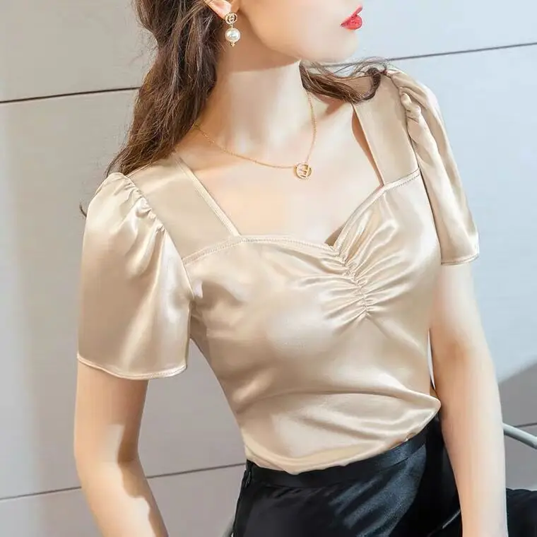 Plus size Summer Square Neck Vintage Puff Sleeve Acetate Satin Shirt Khaki white elegant British style wild ice silk top blouse