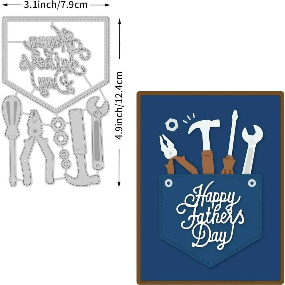 4.9x3.2inch Happy Father's Day Themed Hardware Tools Pattern Metal Cutting Dies Embossing Stencil Template for DIY Crafts