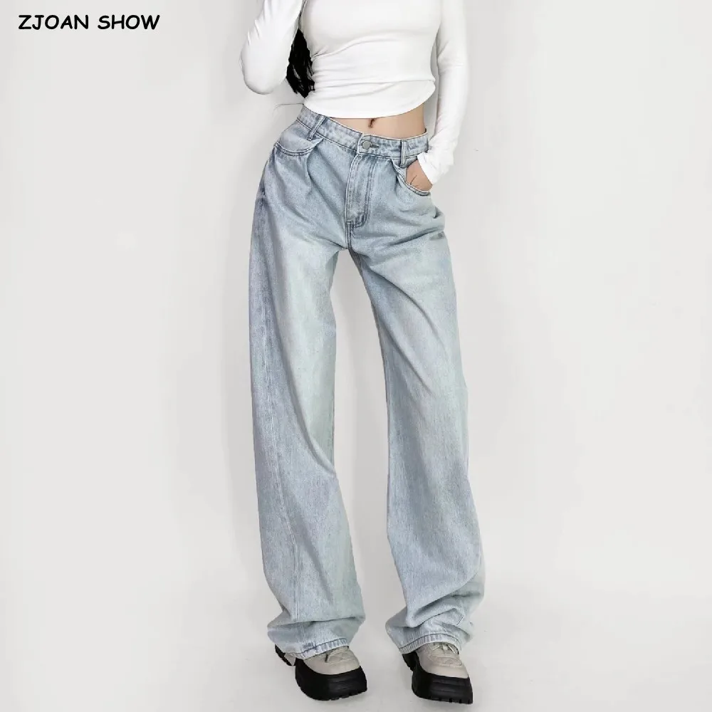 

2025 Baggy Washing Blue High Waist Straight Wide Leg Jeans American Retro Women Loose Denim Pants Floor Length Trousers Blue