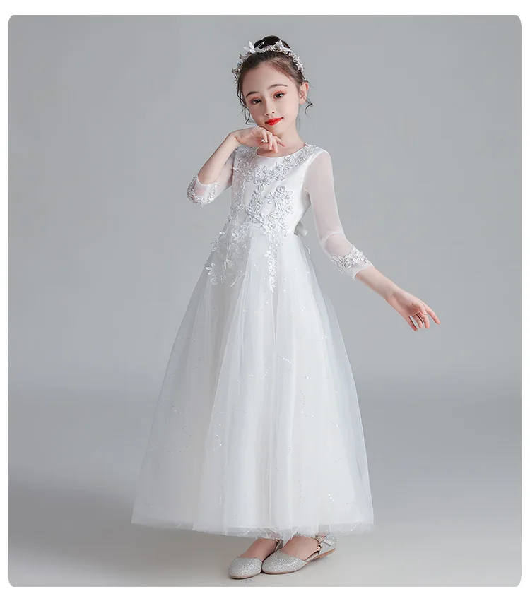 Elegant Dress For Girls White Flower Princess Party Gown Wedding Bridesmaid Formal Evening 10 12 Vestidos First Communion Gown - view 4