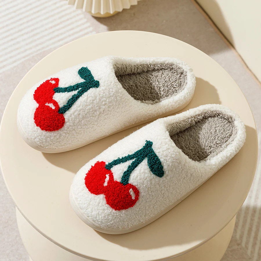 Super Cute Cherries Plush House Slippers for Women, Comfy Home Shoes, Flat Slip-on Slides, Platforms, Winter Slippers