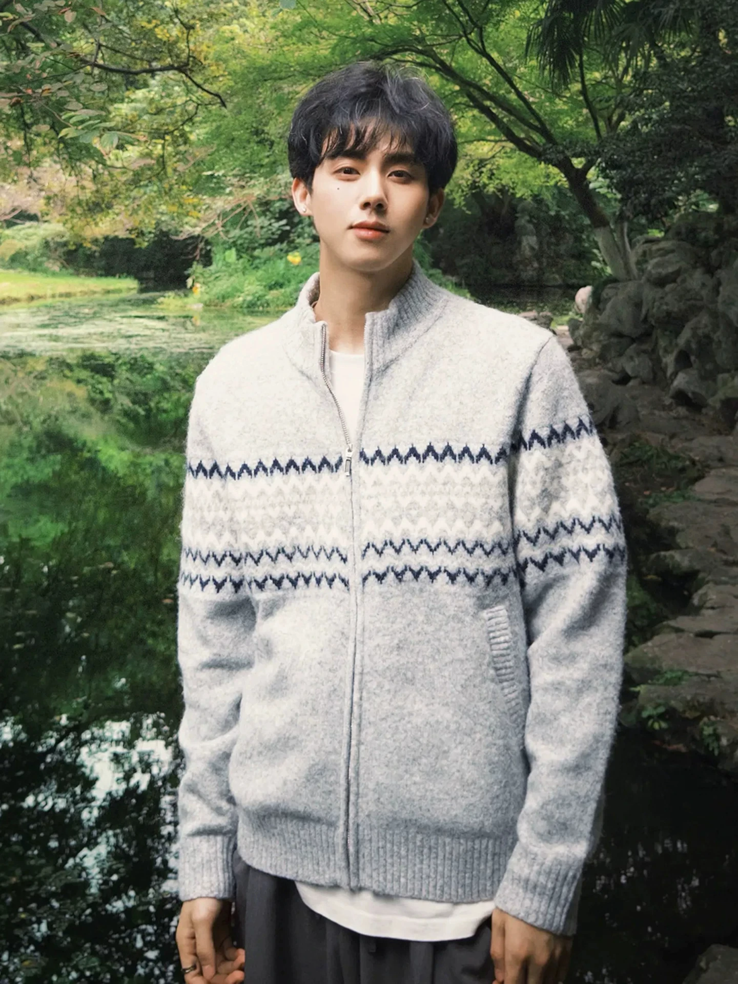 Loose Fit Zipper Knitted Sweater Men's Autumn Winter American Retro Lazy Style Half High Collar Fair Isle Cardigan Jacket