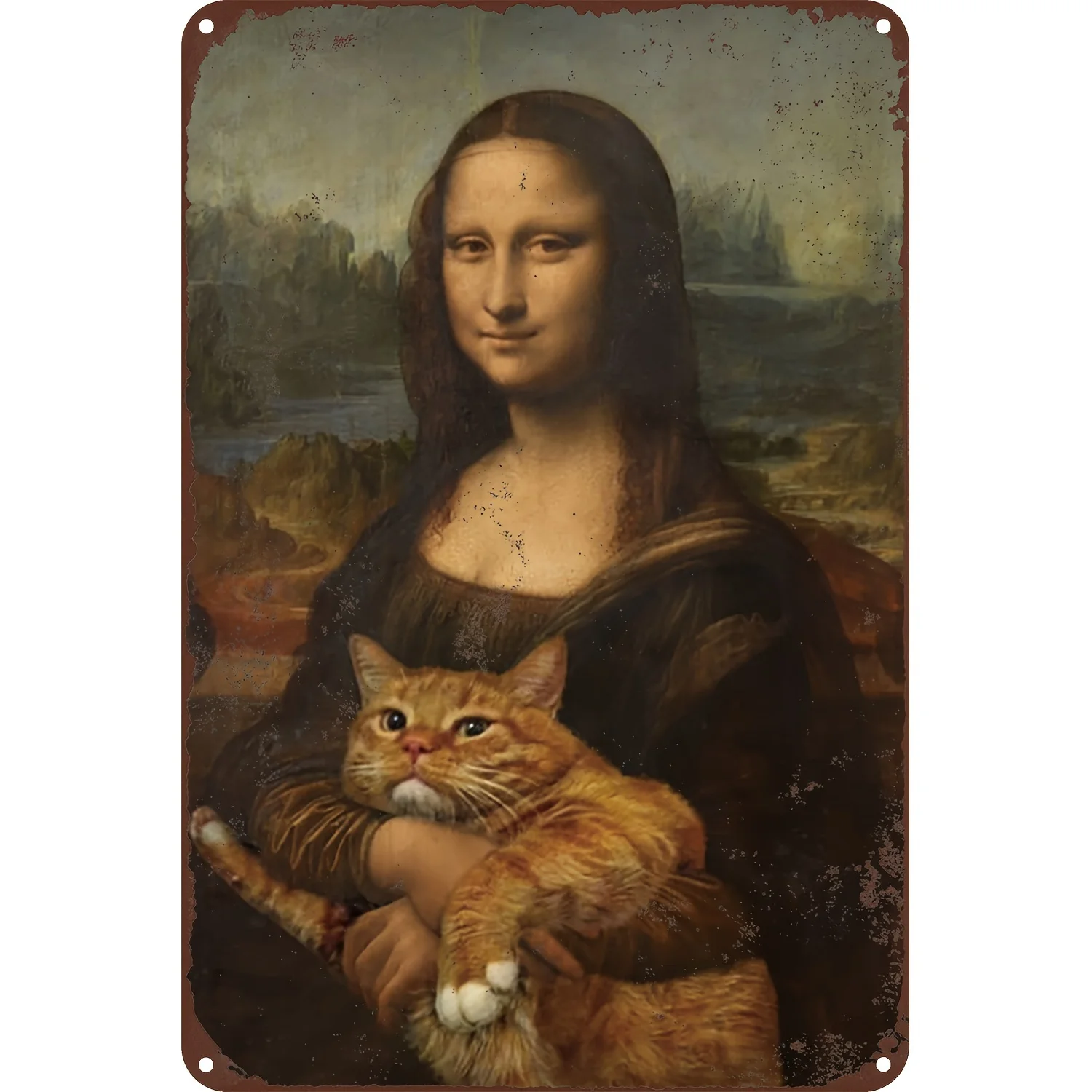 Vintage Mona Lisa Cat Metal Tin Sign Wall Art - Decoración de hierro rústico para el hogar, sala de estar, dormitorio, oficin