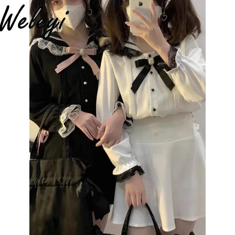 

Sweet Japanese Womens Lolita Tops Autumn Streetwear New Cute Lace Edge Poleras Floor Bud Ribbon Bow Long Sleeve Camisas E Blusas