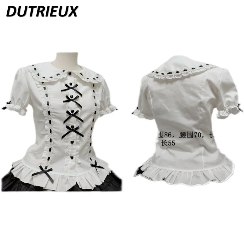 Sweet and Cute Girls Short-sleeved Versatile White Shirt Summer New Single-breasted Blouse Doll Collar Waist Slimming Tops