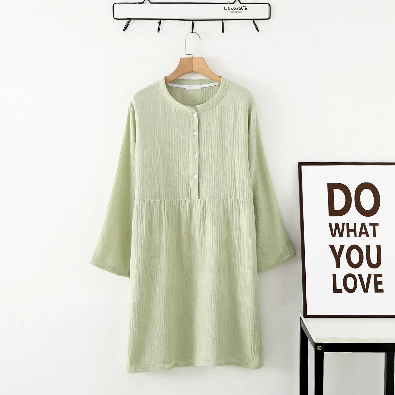 Spring and Autumn Women\'s Long Sleeve Nightdress 100%Cotton Crepe Round Neck Button Solid Color Dress Home Dress Nightgown Dress