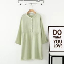 Spring and Autumn Women's Long Sleeve Nightdress 100%Cotton Crepe Round Neck Button Solid Color Dress Home Dress Nightgown Dress