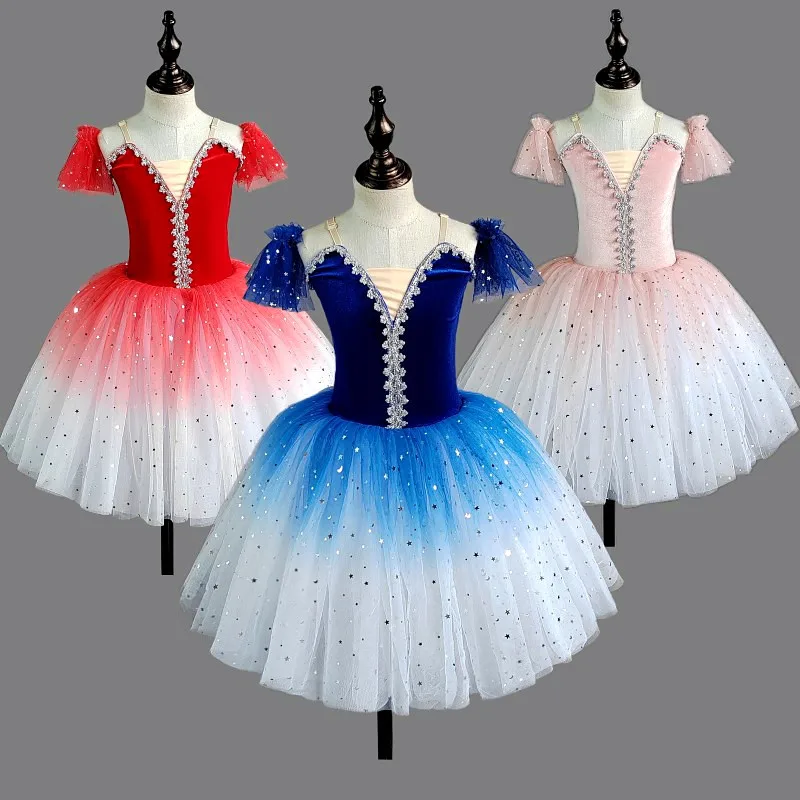 

Children Girl Ballet Dress Long Dance Skirt Kids stage bling sequins Professional Belly Tutu Skirts gauzy dancing dress