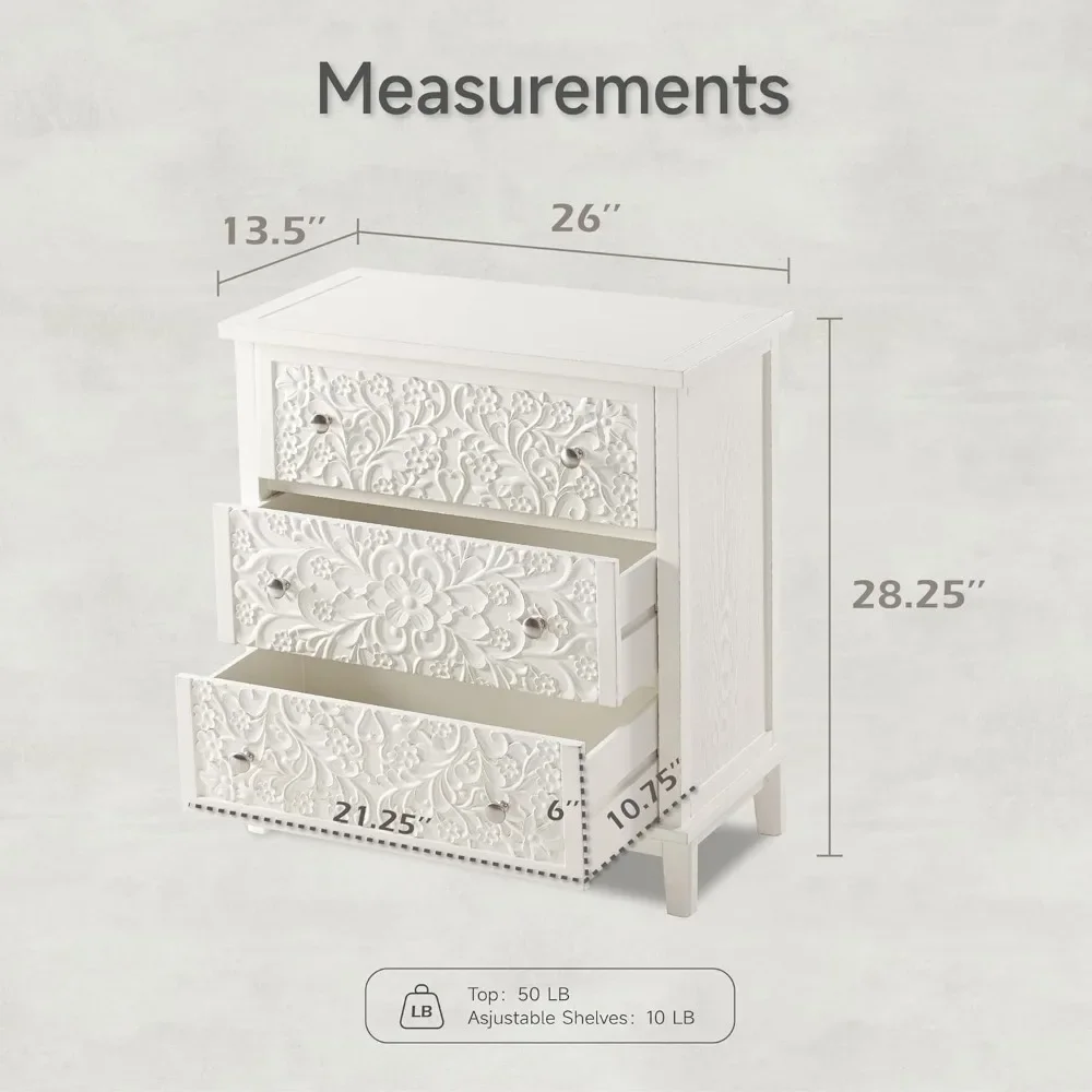 3-Drawer Fully-Assembled Flower Motif Dresser, Set of 2 Nightstand for French Country, Farmhouse, Modern, Rustic Style