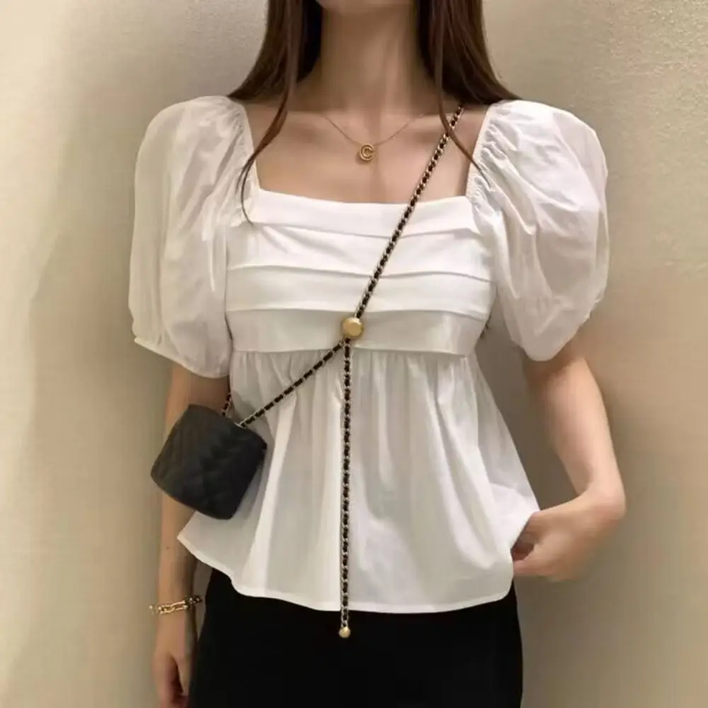 Puff Sleeves Blouse Fashion Pleated Square Collar Crop Top Tube Top A-line Shirt Blouse Womne Girl