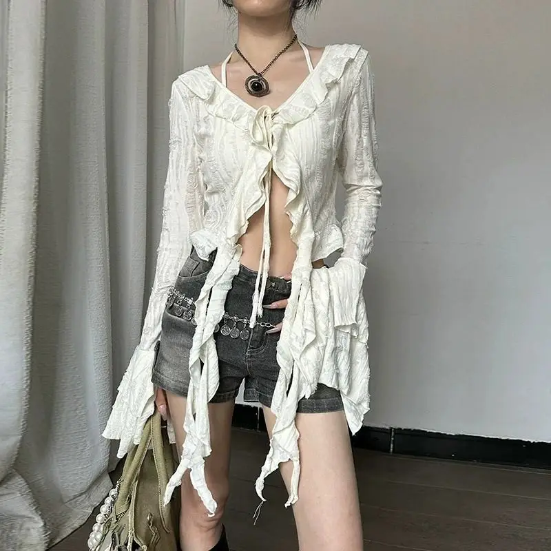 Deeptown Vintage Fairycore Damesblouses Elegante Flare Mouw Ruche Tops Sexy Kanten Shirts Uitgehold Esthetisch Crop Cardigan