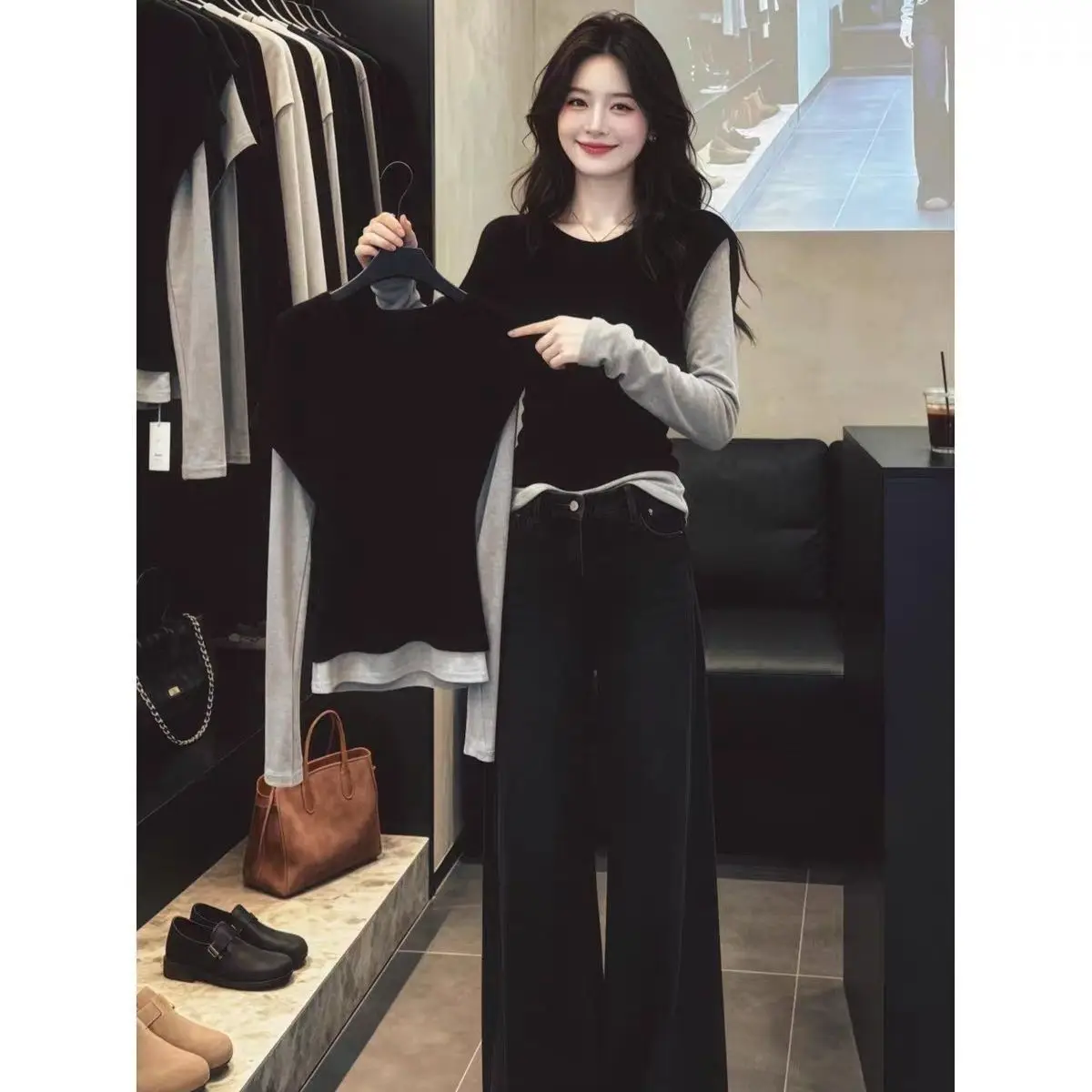 Korean Style Long Sleeve T-Shirt Women's Fashion Layering Color Block Slim Fit Top Spring Autumn Seasonal High Sensation