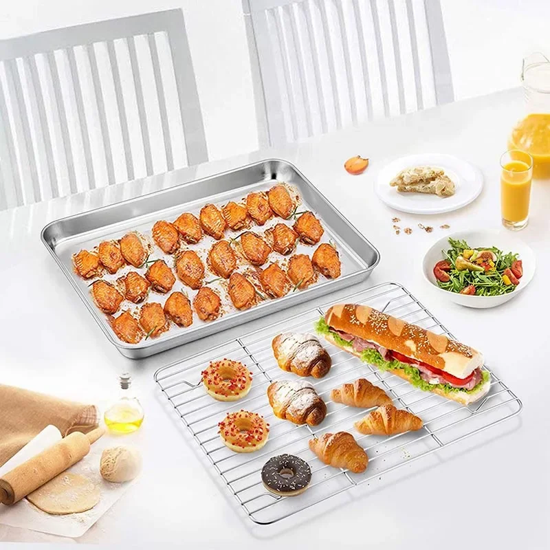 Rectangular Stainless Steel Grill Cookie Baking Pan With Removable Cooling Rack Kitchen Gadget Nonstick Tray Suitable For Oven