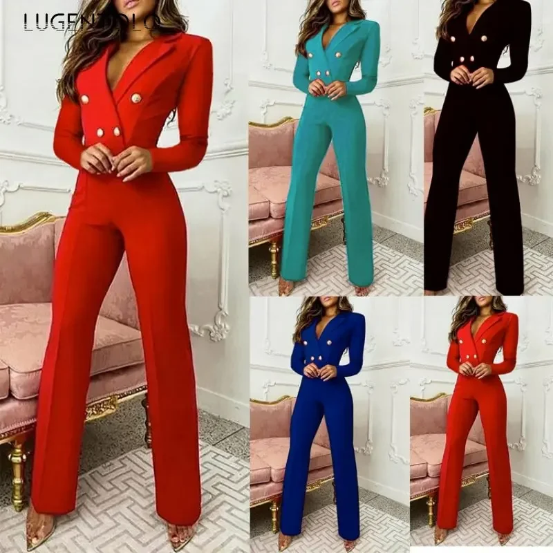 Lugentolo Women Office Work Jumpsuit Long Sleeve Slim Fit Lapel Spring Autumn Suit Elegant Solid Button Lady Fashion High Waist