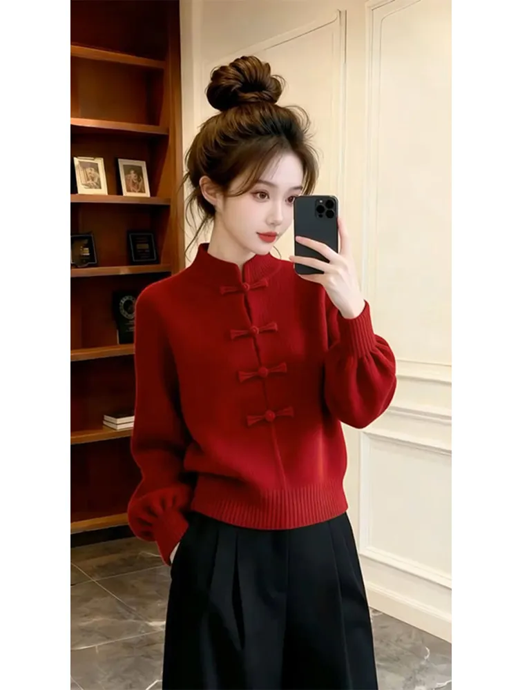 

Red New Year Chinese Sle Knitted Sweater Women's Autumn Winter New Faion Age Reduction Unique Beautiful Button up Top
