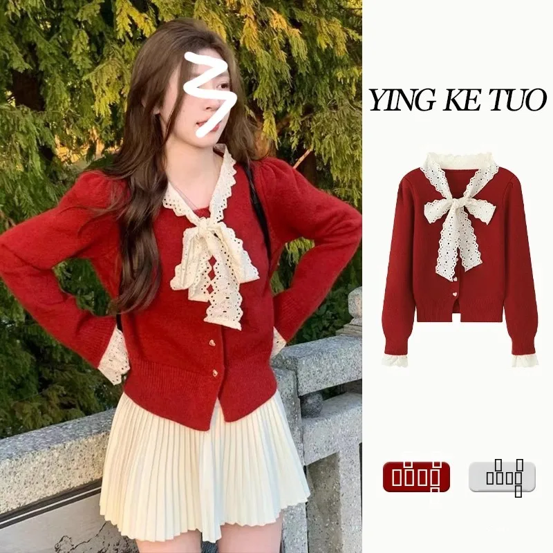 Red Lace  Knot Base irt Women's Slim Fit Autumn Winter Knitted Sweater Underwear Commute Sle Pure E-commerce