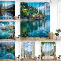 Mountain Shower Curtain Nature Landscape Mountain Lake Blue Sky White Cloud Scenic Print Home Fabric Curtain Bathroom Decor Set