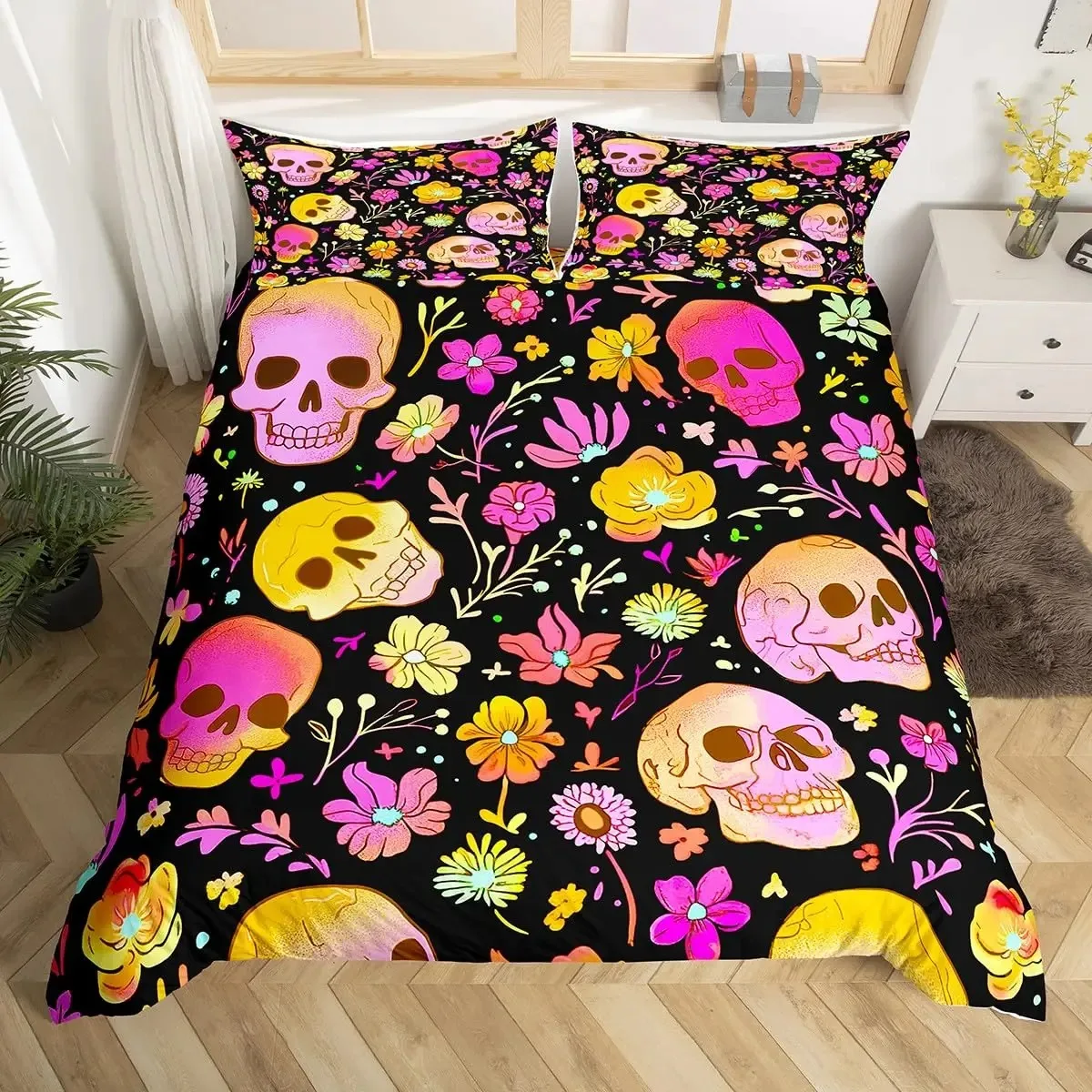 

Sugar Skull Duvet Cover Colorful Vintage Floral Bedding Set Hippie Mexico Style Comforter Cover Gothic Skeleton Quilt Cover