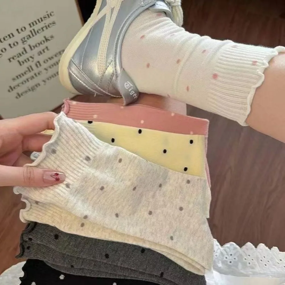 Thin Polka Dot Stacked Medium Tube Socks for Women Comfortable Fungus Edge Cute Japanese Breathable Comfortable Kawai Socks