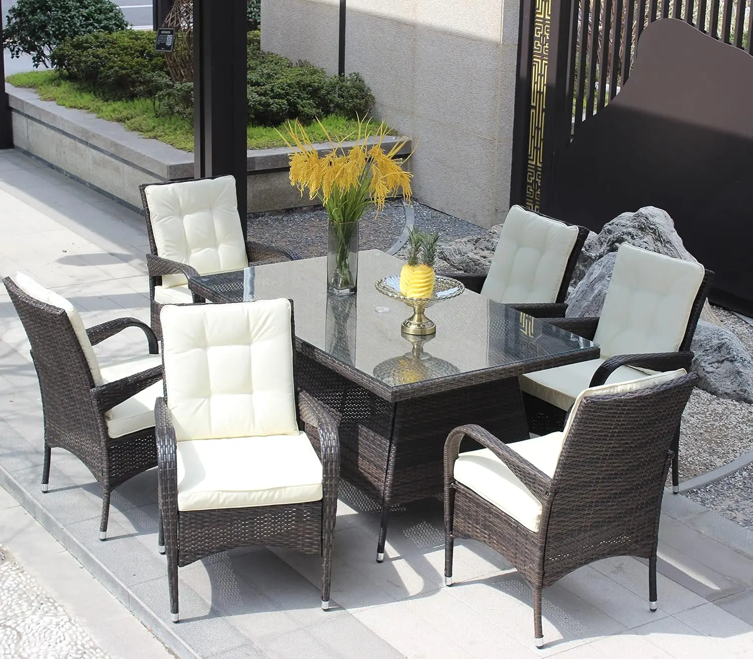 Patio 7-Piece Rectangular Dining Set With 6 Chairs Brown Beige Cushion, Customized