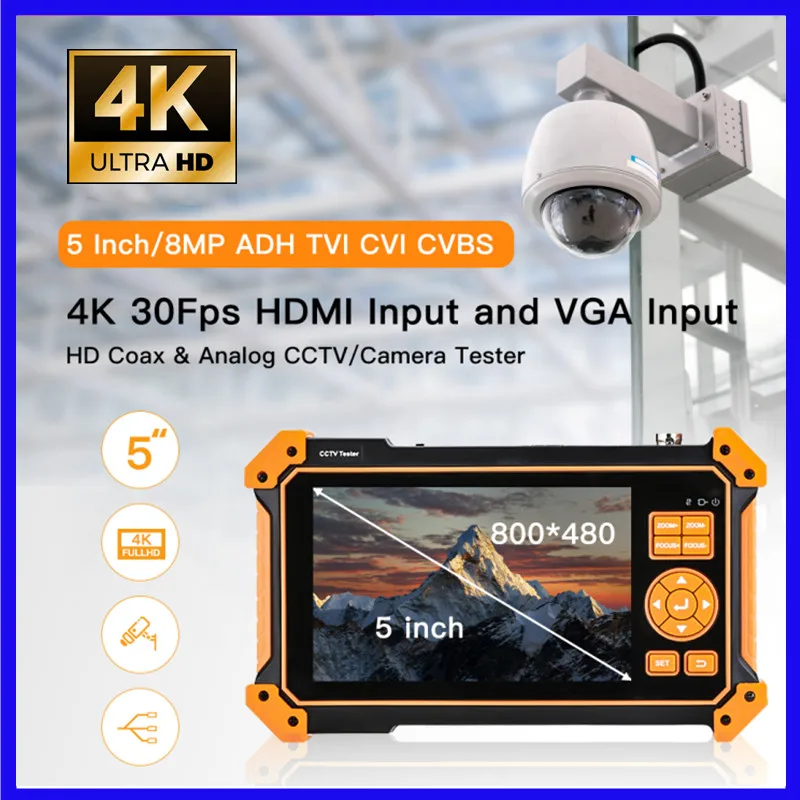 

4K CCTV Tester HD Camera Monitor 5 Inch CFTV Tester RS485 Audio HDMI VGA DC 12V Output PTZ Control Tester TVI/CVI/AHD/CVBS Camer