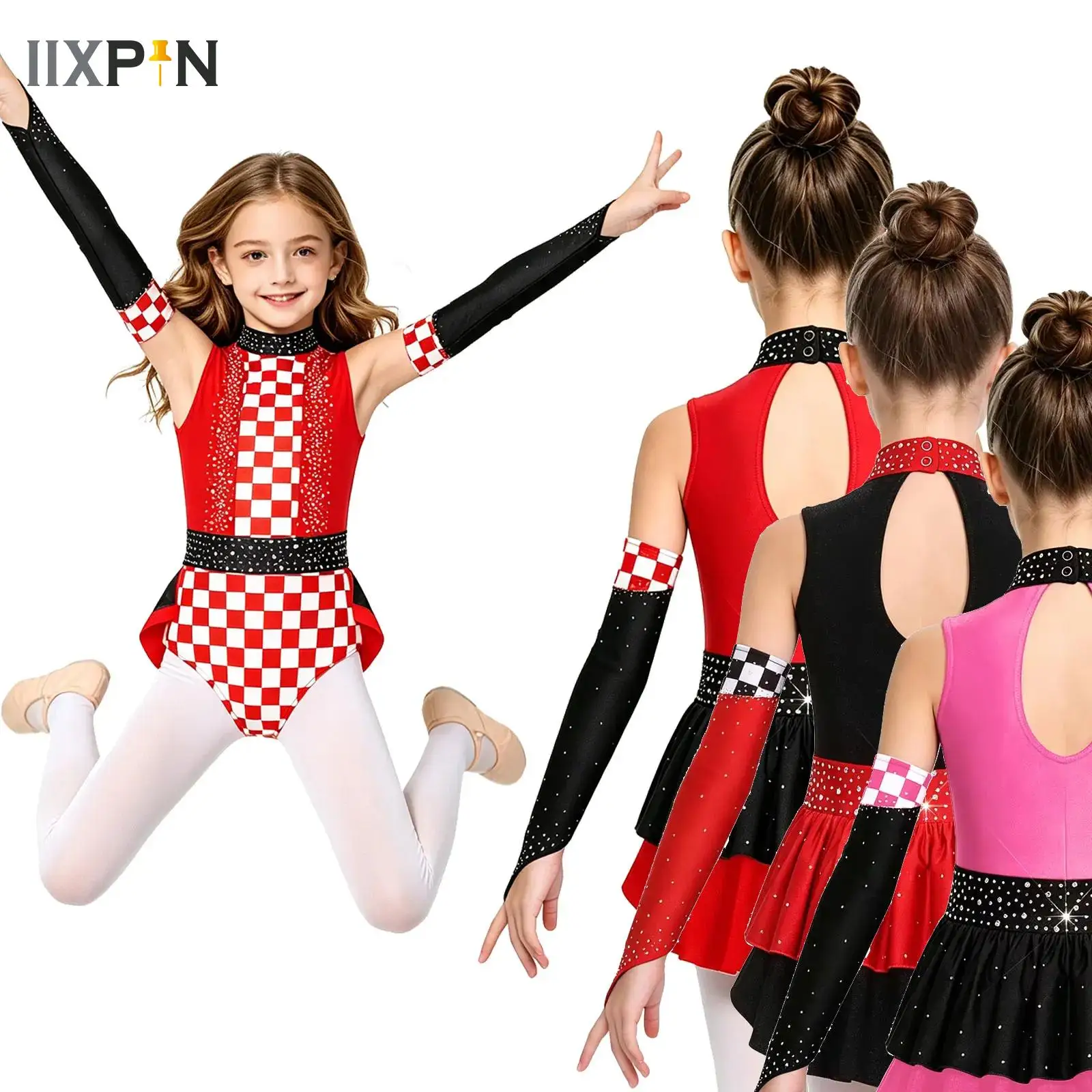 

Kids Girls Race Car Driver Costume Plaid Pattern Rhinestone Skirted Leotard+Oversleeves for Ballet Latin Jazz Dance Performance