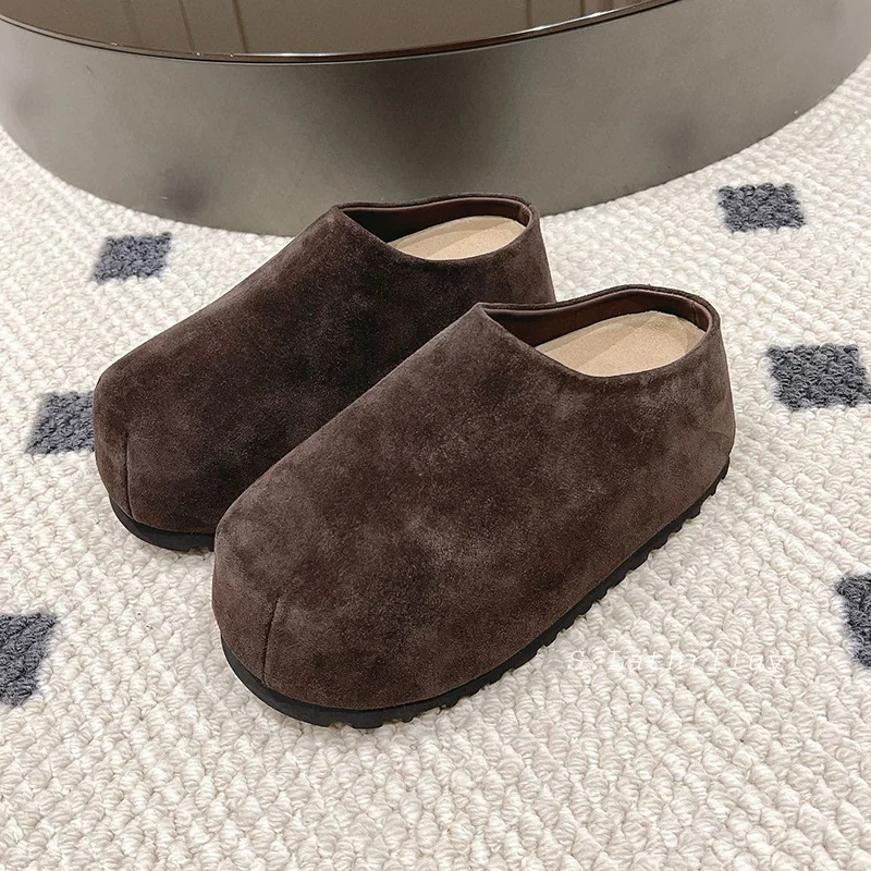 Autumn Winter Flat Thick Bottom Closed Toe Half Slippers Women's Cow Suede Platform Lazy Mules Shoes Height Increasing Slides